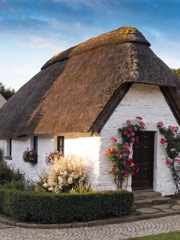 Thatched cottage with climbing roses in an Isle of Wight village