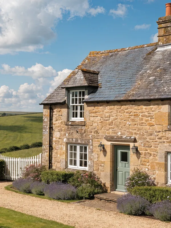 Stone cottage with lavender borders below the downs